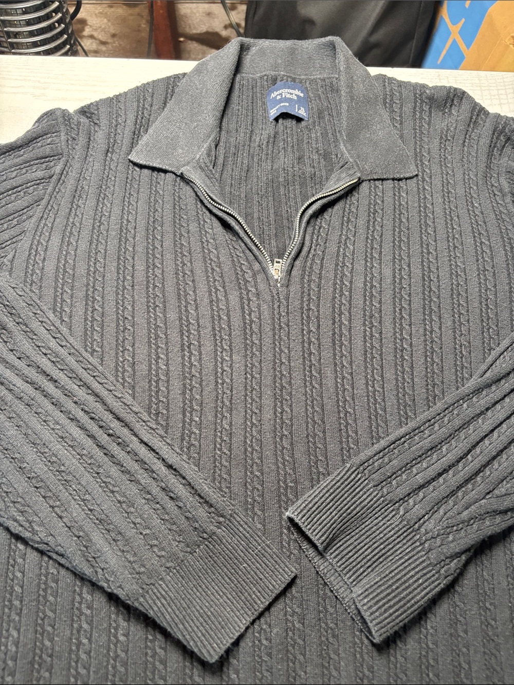 Abercrombie & Fitch Men's Charcoal Zip-Front Cable Knit Sweater